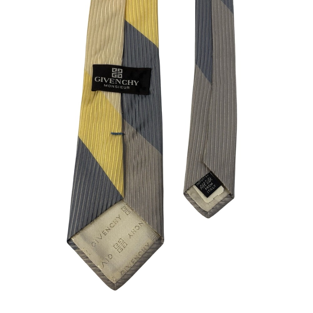 VTG Givenchy Repp Tie Italian Silk‎ Colorblock Yellow Gray - Picture 9 of 10